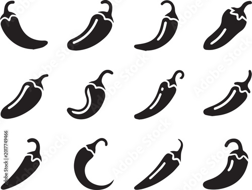 Collection of black chili pepper icons isolated on white background with various shapes