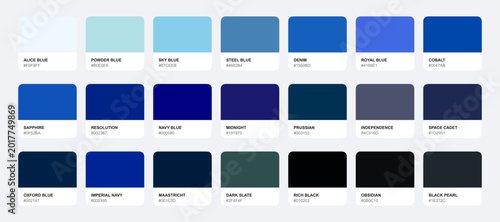 Blue color palette set with navy sky royal and indigo swatch