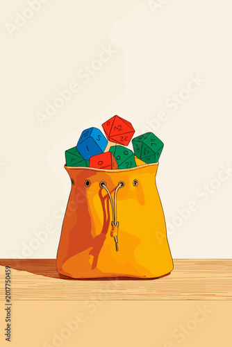 Photography Vintage Dice Bag with Spilled Polyhedral Dice on Wood Table