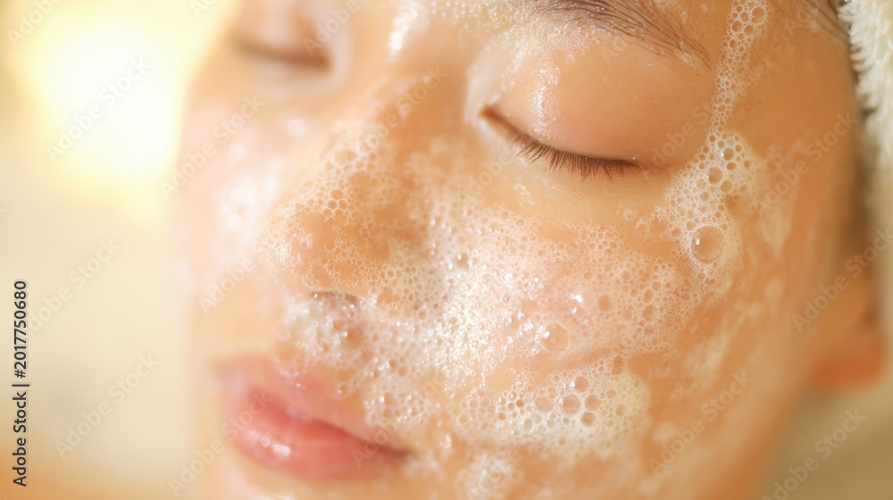 Fototapeta premium Person is cleaning skin with bubbles during a facial treatment session