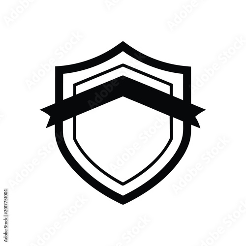Minimalist black outline shield badge with an elegant blank ribbon banner, perfect for branding and security concepts.