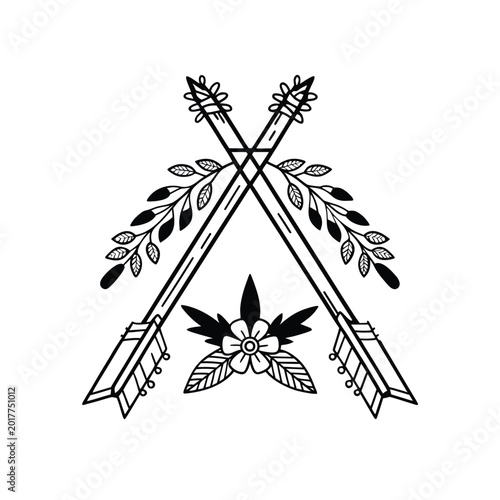 Boho-chic crossed arrows with delicate botanical leaves and a central flower, embodying nature and adventure.