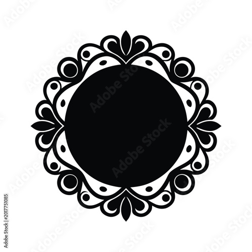 Elegant black circular ornate frame with intricate scrollwork and decorative elements, perfect for vintage designs and monograms.