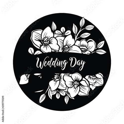Elegant floral wedding day logo with white orchid outlines and delicate leaves on a black circular background, romantic and stylish.