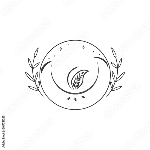 Mystical outline circular emblem featuring a crescent moon, stars, and delicate floral branches, ideal for bohemian and celestial designs.