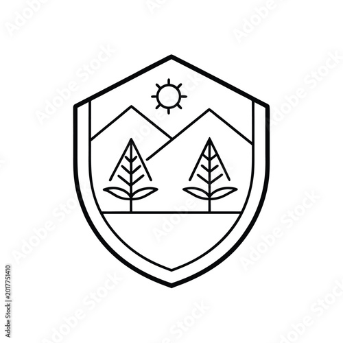 Minimalist line art shield badge featuring majestic mountains, two stylized trees, and a bright sun, symbolizing outdoor adventure and nature exploration.