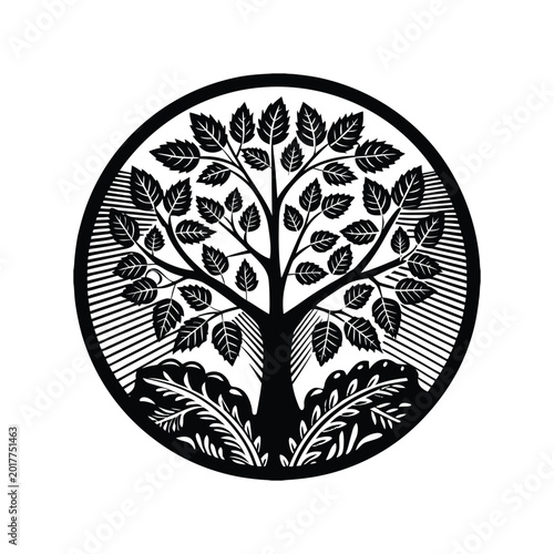 Detailed retro style circular illustration of a majestic tree with lush leaves and ornate roots, symbolizing growth, life, and nature's enduring beauty.
