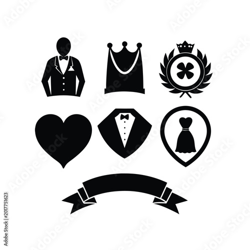 Wedding icons including groom, crown, heart, dress, and ribbon for invitations.