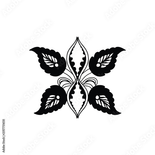 Stylized black and white botanical motif with symmetrical leaves and swirling elements.