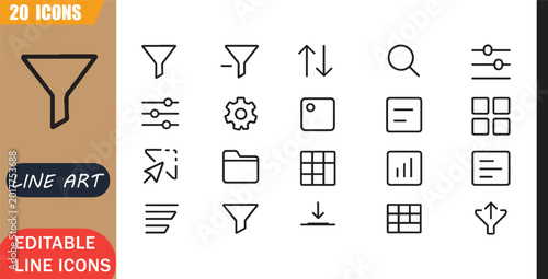 Canvastavla Isolated filter sort icons set, 20 editable line art icons set, search option se