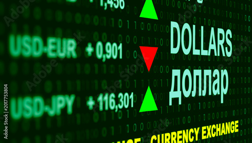 Display of the international Forex market with dollar exchange rates, falling dollar in Asia and Europe