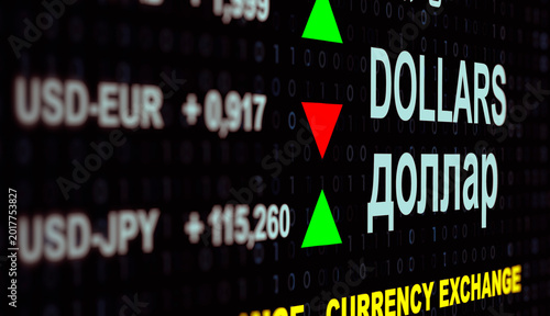 Display of the international Forex market with dollar exchange rates, falling dollar in Asia and Europe
