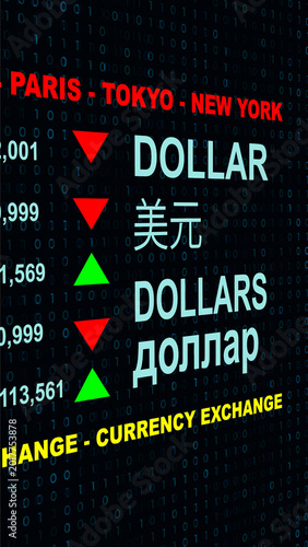 Digital dollar exchange market screen with currency indicators, dollar rise and fall