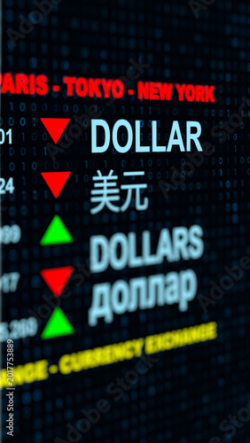 Digital dollar exchange market screen with currency indicators, dollar rise and fall