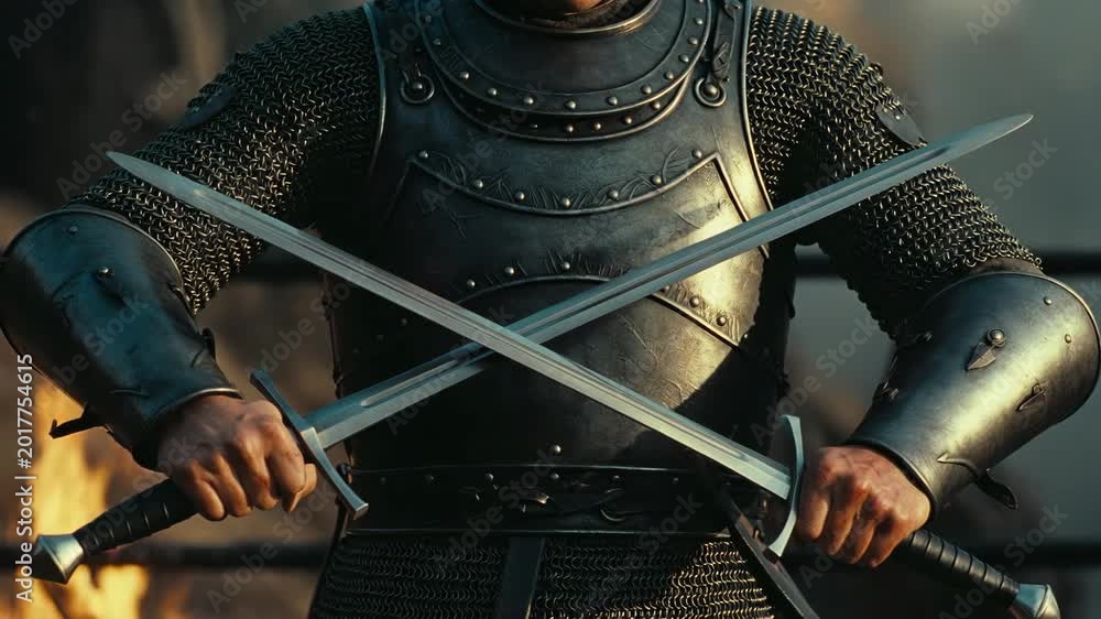 Medieval armored fighter gripping crossed swords in realistic style on ...