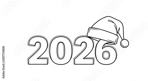 2026 New Year Date Outline with Christmas Santa Hat