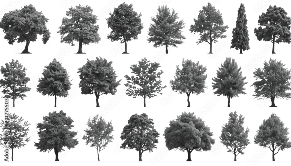 Fototapeta premium Trees rendered in grayscale detail are displayed in a grid of various species for architectural landscape.