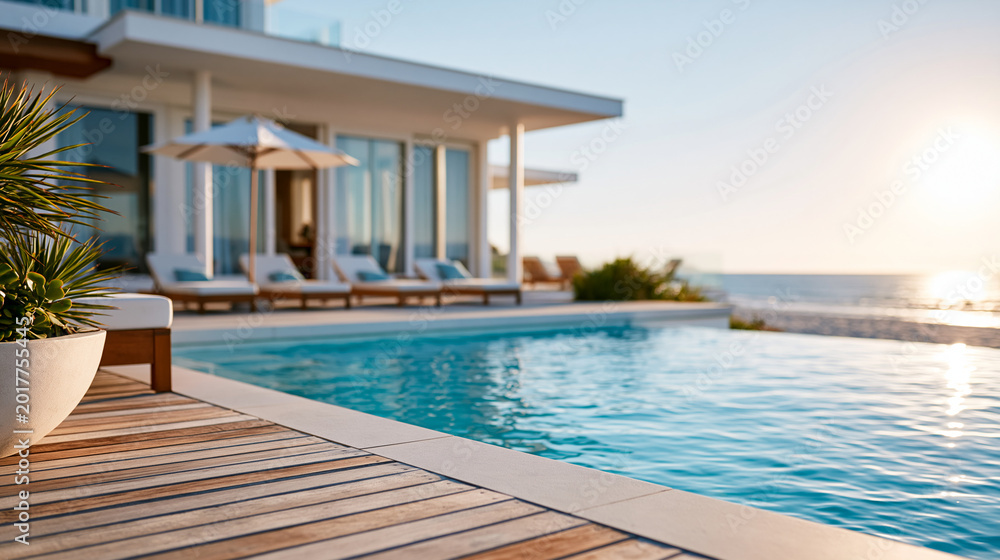 Fototapeta premium Close-up of a modern house with pool at the beach at sunset, luxury beachfront property concept, coastal villa photography, ocean and pool at dusk, defocused background, with copy