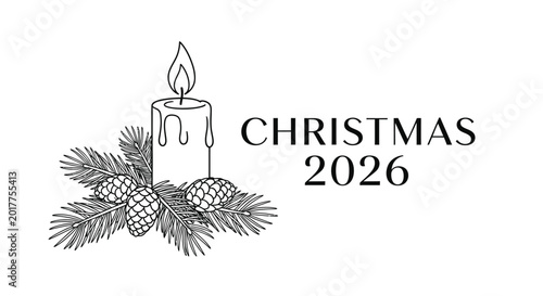 Christmas 2026 Candle and Pine Cone Line Art Illustration