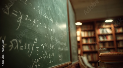 Math formulas written on a blackboard in a library