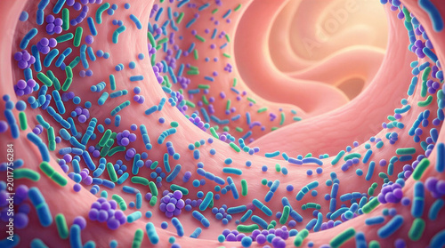 Microscopic view of colorful bacteria within human intestine  