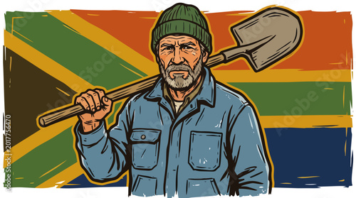 South African worker with shovel portrait. Vintage comic style vector illustration with national flag background