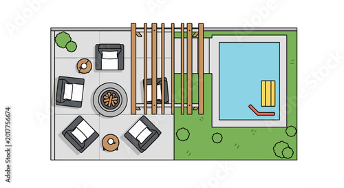 Foto Backyard patio design illustration featuring fire pit seating under wood pergola and adjacent small outdoor pool