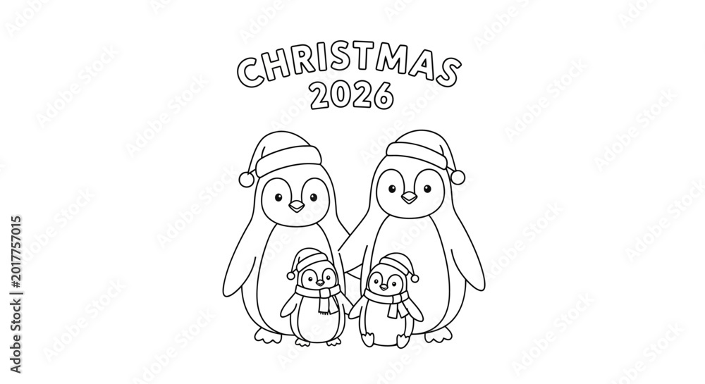 Fototapeta premium Christmas 2026 Penguin Family Coloring Page Line Art