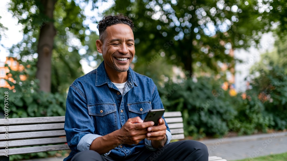 Fototapeta premium Smiling Man Sitting on Bench with Phone