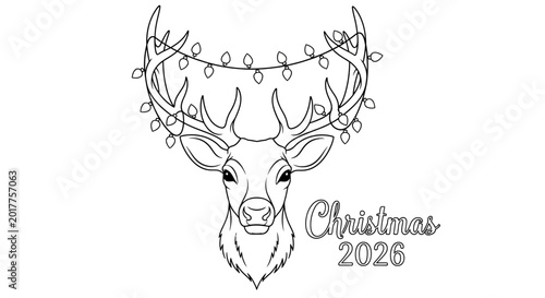Christmas 2026 Reindeer Head with String Lights Line Art