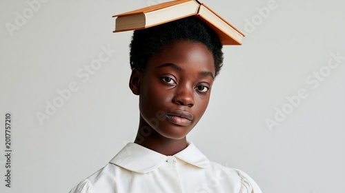 Young Woman with Book on Head, Studious Pose