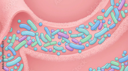Colorful bacteria in a human gut representing microbiome diversity  