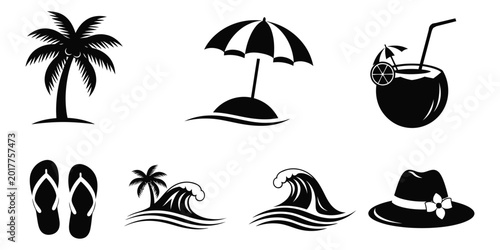 Bild auf Leinwand Tropical beach vacation icons featuring palm tree, beach umbrella, coconut drink, flip flops, waves, and fedora hat for summer holiday and relaxation