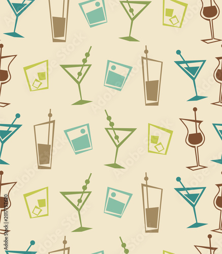 Retro style cocktails seamless pattern in atomic style. 50s Vector illustration