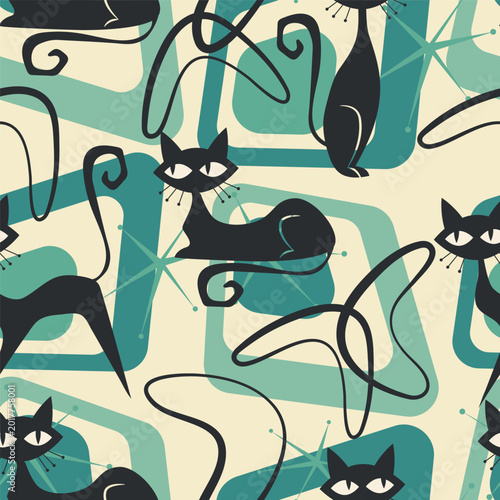 1950s Mid Century Modern Atomic Black Cats and Starbursts pattern. Seamless vector background in fifties style