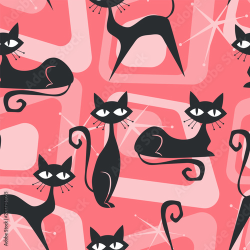 Cute retro atomic black cat with starbursts and white hearts on pink background use for wallpaper fabric and home decorate.