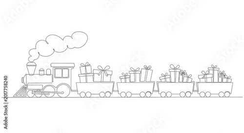 Принти на полотні Continuous line art of a steam train pulling carriages filled with holiday gift