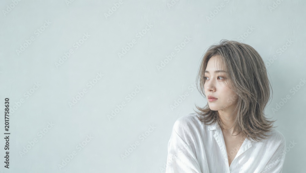 Fototapeta premium 白シャツ女性の静かな正面ポートレート