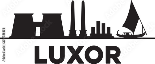 Schilderij op canvas Luxor city skyline silhouette with ancient temples obelisks and traditional felu