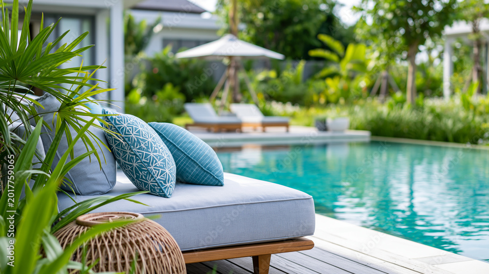 Obraz premium Close-up of a Bali villa luxurious outdoor pool area with modern furniture and tropical plants, resort outdoor living concept, Bali luxury pool photography, tropical garden pool,