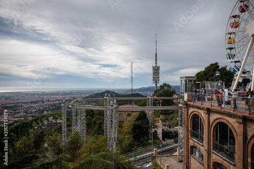 Panoramic view over Barcelona from Tibidabo amusement park in Spain