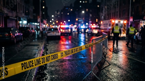 Intense Nighttime Urban Incident with Police Line Do Not Cross Tape and Flashing Emergency Vehicle Lights on a Wet City Street