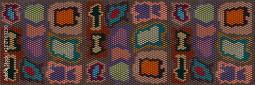 Εκτύπωση καμβά Seamless beadwork mosaic pattern with colorful diamond patchwork shapes on dark