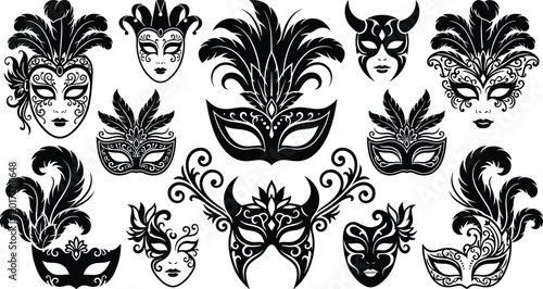 Canvastavla Set of black and white venetian carnival masks with feathers, ornaments, and var