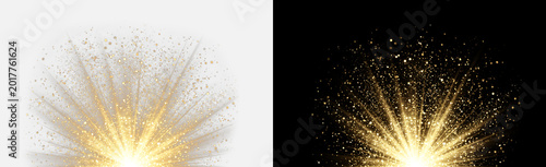 Gold glitter explosion isolated on transparent background, sparkling particle burst shine effect, radiant golden dust spray overlay, shimmering starburst confetti glow, glitter cutout, glitter PNG