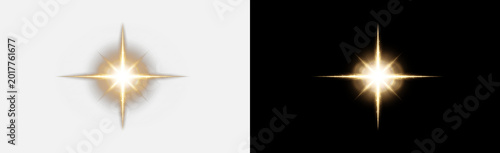 Foto Gold four point star sparkle isolated on transparent background, glowing diamond