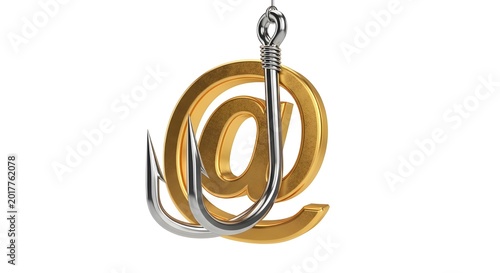 Fishing hook impaling golden at symbol against white background