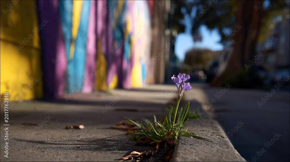 Fototapeta premium Close up view of a small resilient purple flower growing from a crack in rough concrete, bathed in warm sunlight against a vibrant street art wall