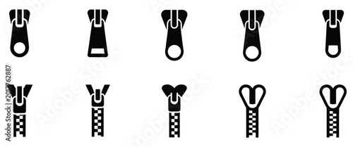Zipper pullers and sliders collection featuring different shapes of garment fastener components for fashion accessories, apparel hardware, and textile design vector illustration.