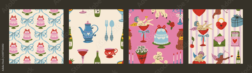 Fototapeta premium Seamless romantic doodle pattern with hearts, bows, doves, cakes and drinks. Cute vintage coquette illustration for Valentine’s Day, weddings and gifts. Trendy feminine design for wallpaper.